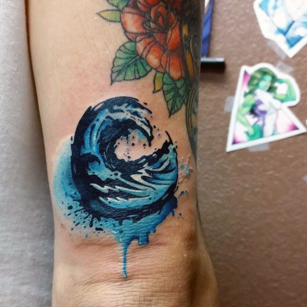 Womens Hand Blue Painting Wave Tattoo