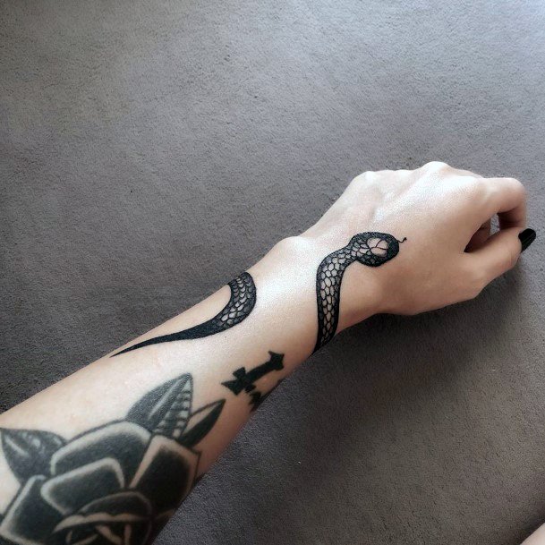 Womens Hand Grey Snake Tattoo