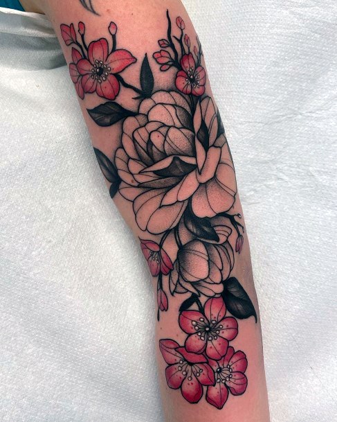 Womens Hands Black And Red Cherry Blossoms Tattoo