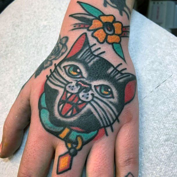 Womens Hands Black Cat American Tattoo Traditional