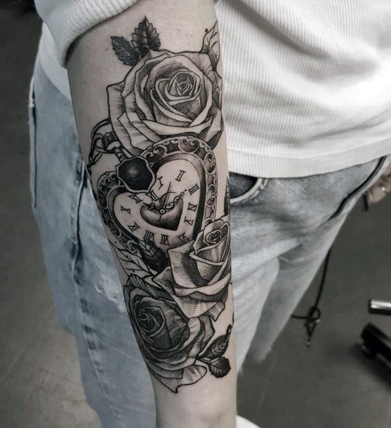 Womens Hands Black Roses And Clock Tattoo