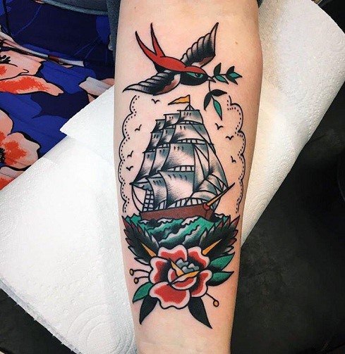Womens Hands Boat And Floral Traditional Tattoo