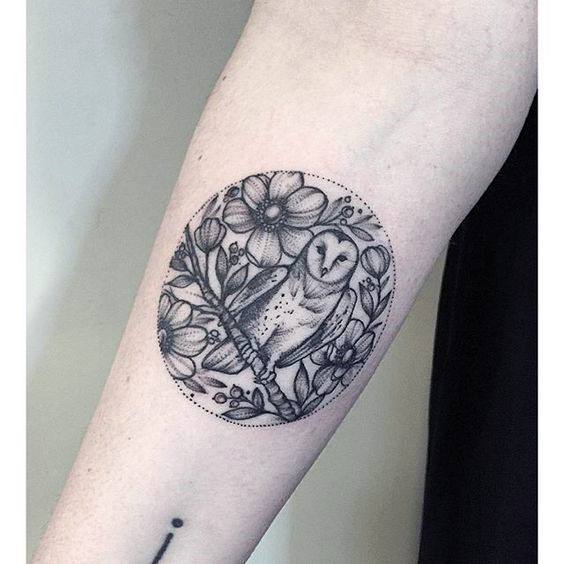 Womens Hands Circular Design Owl Tattoo