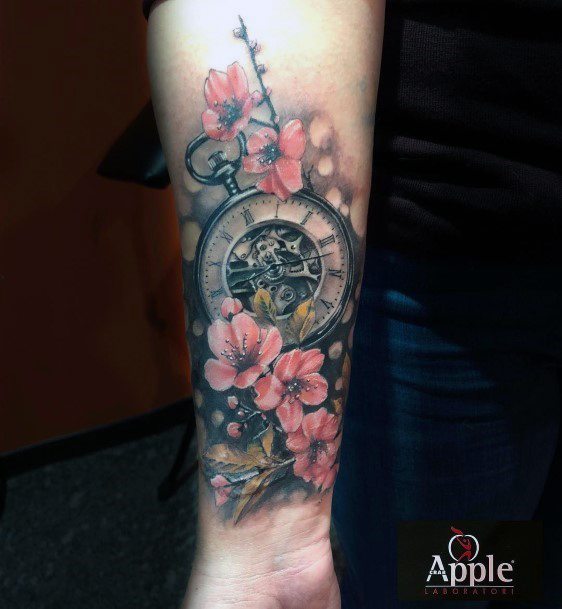 Womens Hands Clock And Flowers Tattoo Lovely