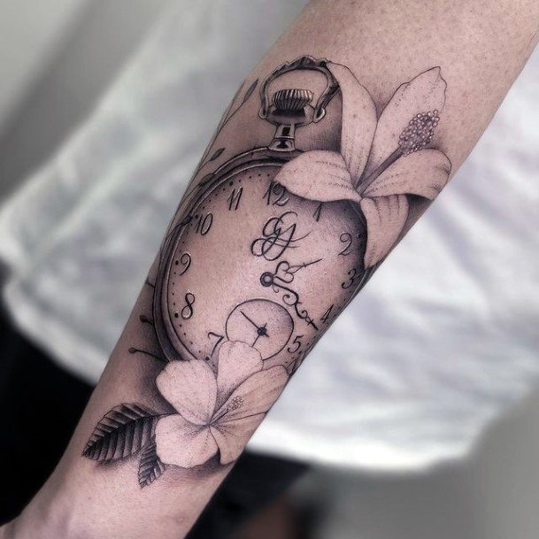Womens Hands Clock And Flowers Tattoo