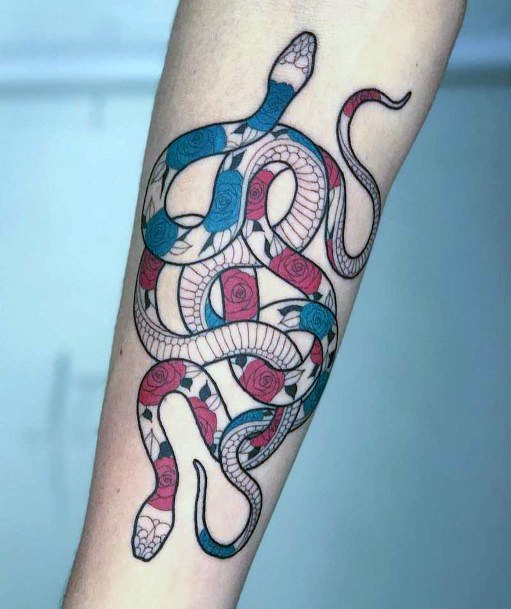 Womens Hands Coiled Maroon And Blue Snake Tattoo