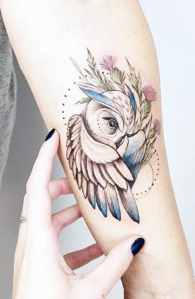 Womens Hands Feathery Owl Tattoo