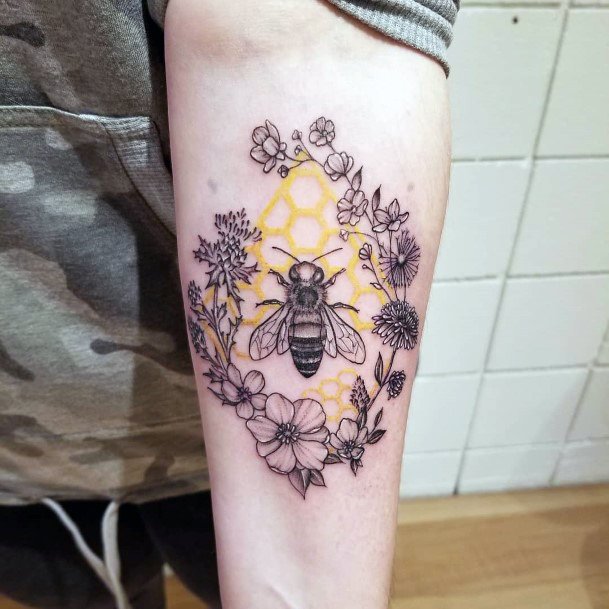 Womens Hands Floral Band And Honey Bee Tattoo