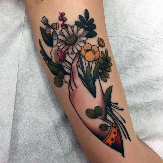 Womens Hands Floral Bouquet Traditional Tattoo