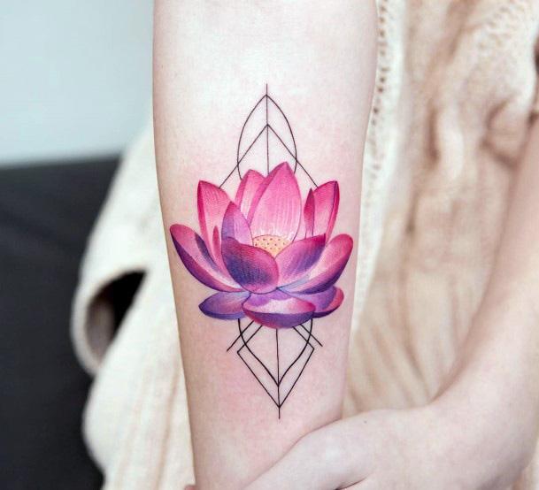 Womens Hands Geometrical Leaves And Pinkish Purple Lotus Blossom Tattoo