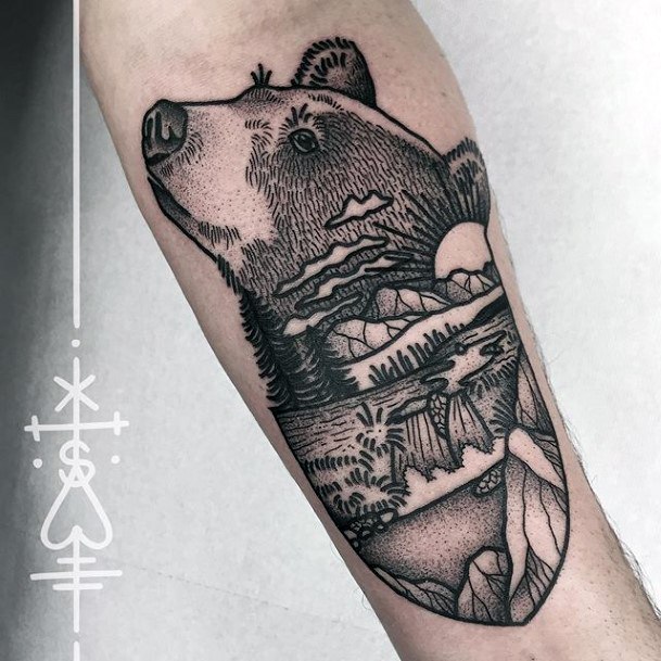 Womens Hands Grey Bear Landscape Tattoo