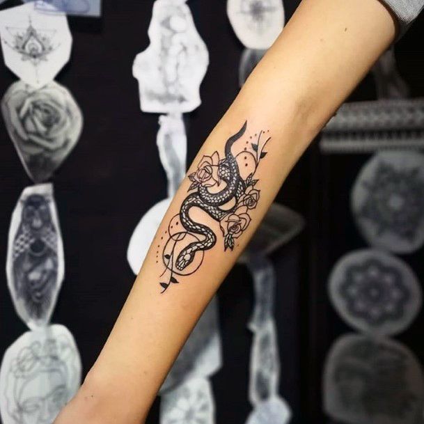 Womens Hands Grey Blooms And Snake Art Tattoo