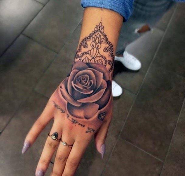 Womens Hands Mehendi Rose Tattoo