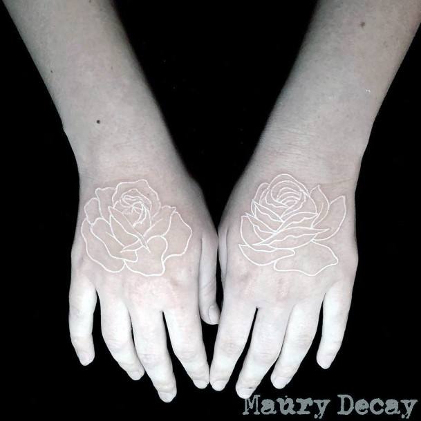 Womens Hands Pair Of White Ink Roses Tattoo Art