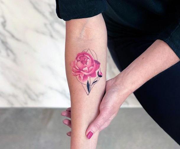 Womens Hands Pink Rose And Geometric Lines Tattoo
