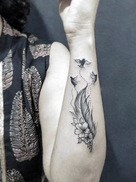 Womens Hands Pretty Flowers And Feather Tattoo
