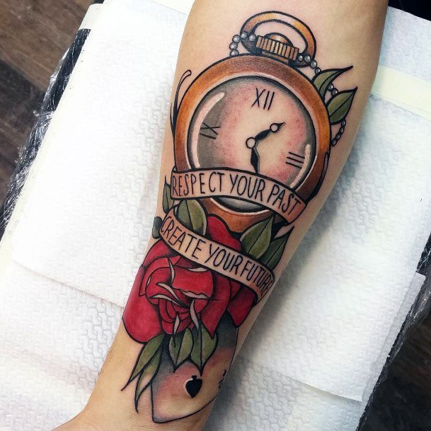 Womens Hands Red Roses And Clock Tattoo