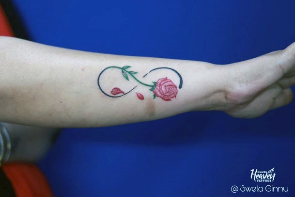 Womens Hands Roses And Green Stalks Infinity Tattoo