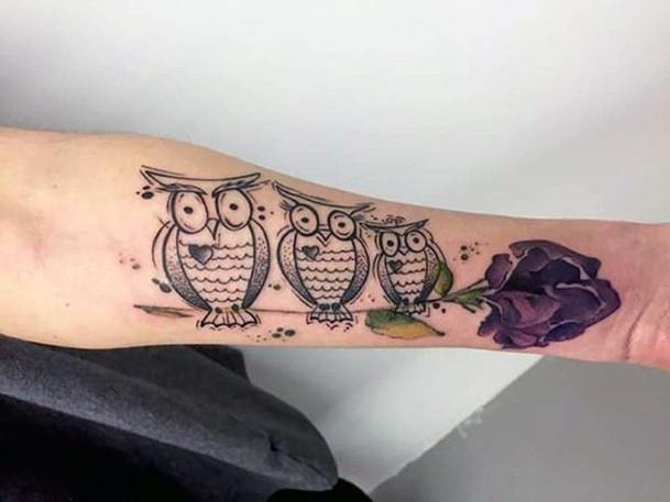 Womens Hands Three Owls And Flower Tattoo