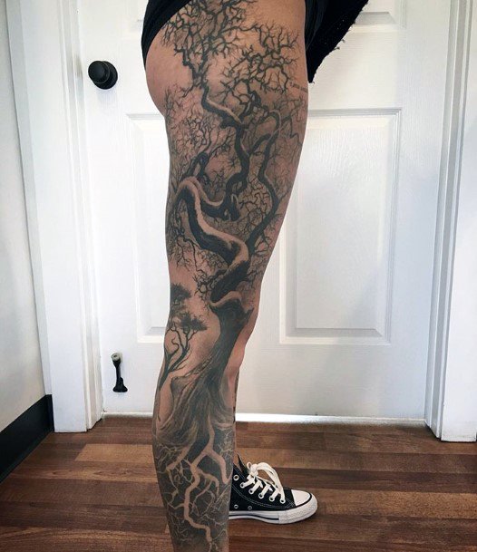 Womens Haunted Tree Leg Tattoo