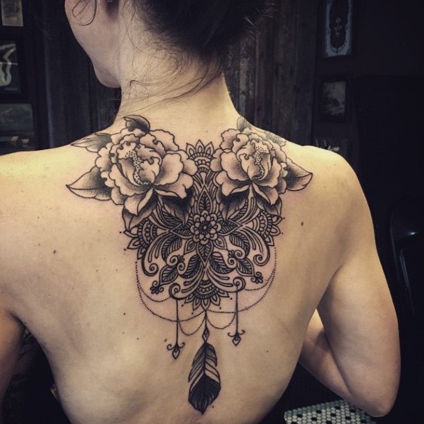 Womens Hibiscus And Hanging Feather Tattoo Back