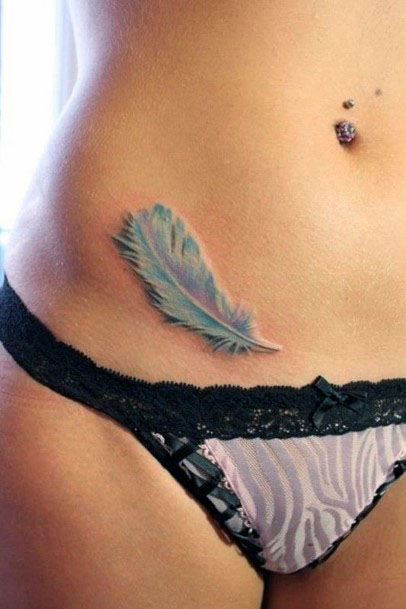 Womens Hips 3D Grey Feather Tattoo