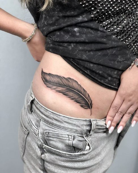 Womens Hips Black Feather Tattoo