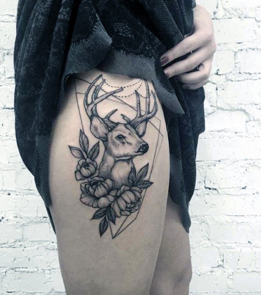 Womens Horned Beast Thigh Tattoo