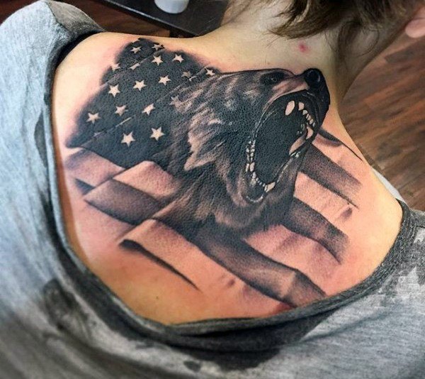 Womens Howling Animal And American Flag Tattoo Art