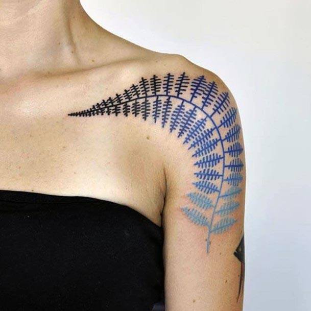 Womens Hypnotizing Blue Leaf Shoulder Tattoo