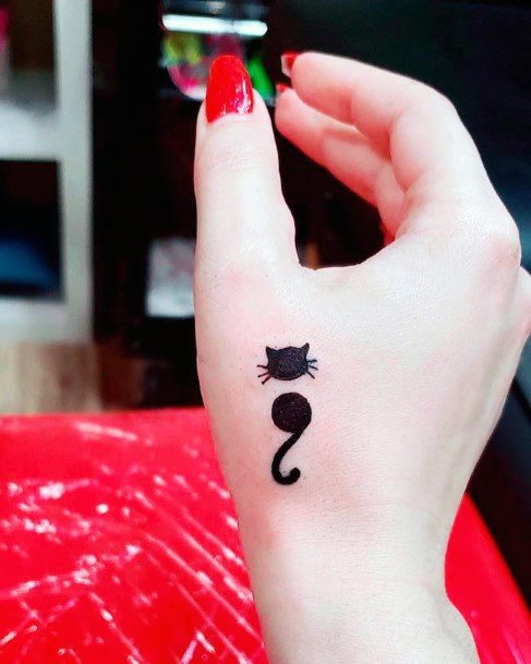 Womens Kitty And Semi Colon Tattoo On Hands