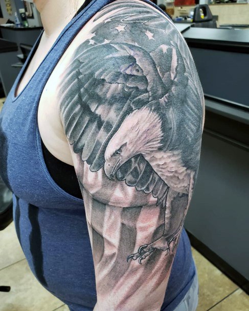 Womens Large Eagle And American Flag Grey Tattoo On Arms Art