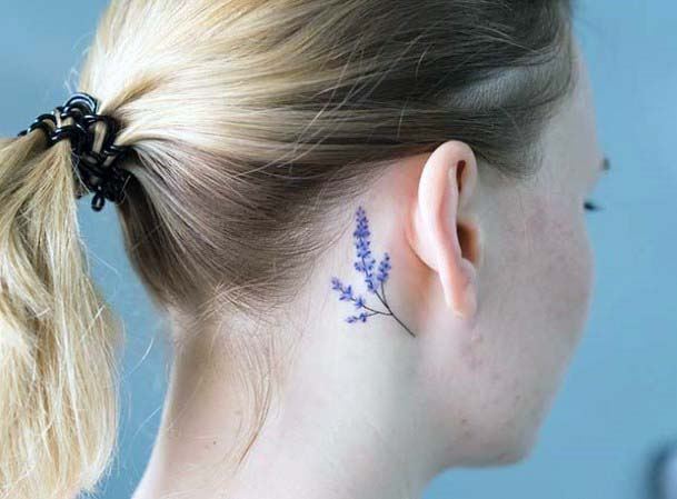 Womens Lavendar Flower Tattoo Behind The Ear