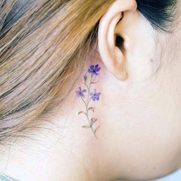 Womens Lavendar Plant Tattoo Behind The Ear