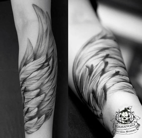 Womens Layered Grey Angel Wings Tattoo On Hands