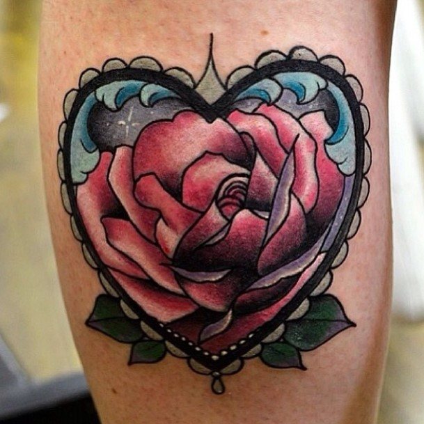Womens Leg Abundant Red Rose And Heart Tattoo