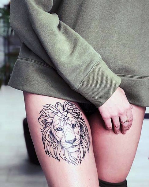 Womens Leg Lion Face Tattoo