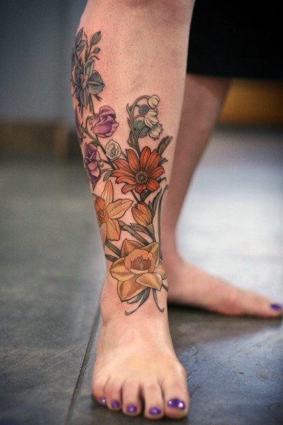 Womens Leg Multi Floral Tattoo