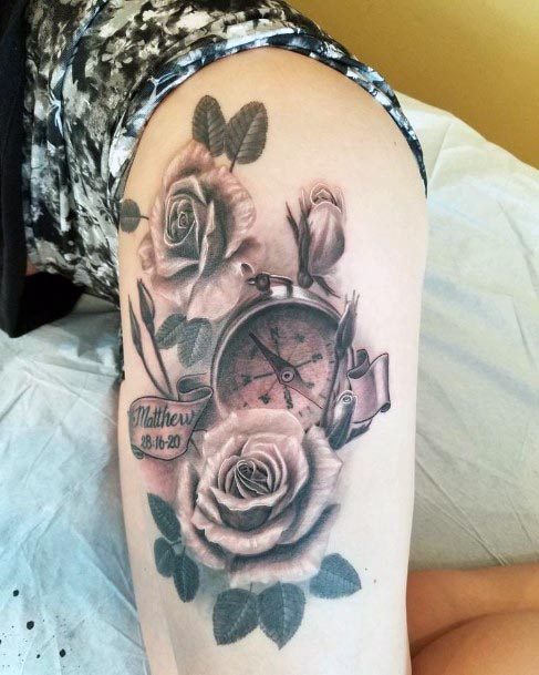 Womens Leg Rose And Compass Tattoo