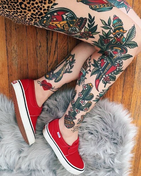 Womens Leg Traditional Tattoos