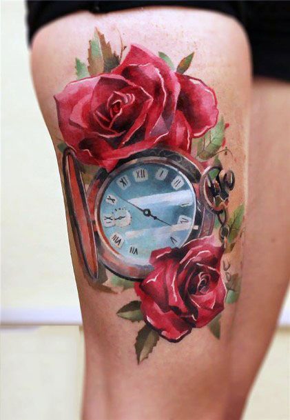 Womens Legs 3D Clock And Roses Tattoo