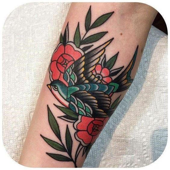 Womens Legs Birds And Flowers Traditional Tattoo