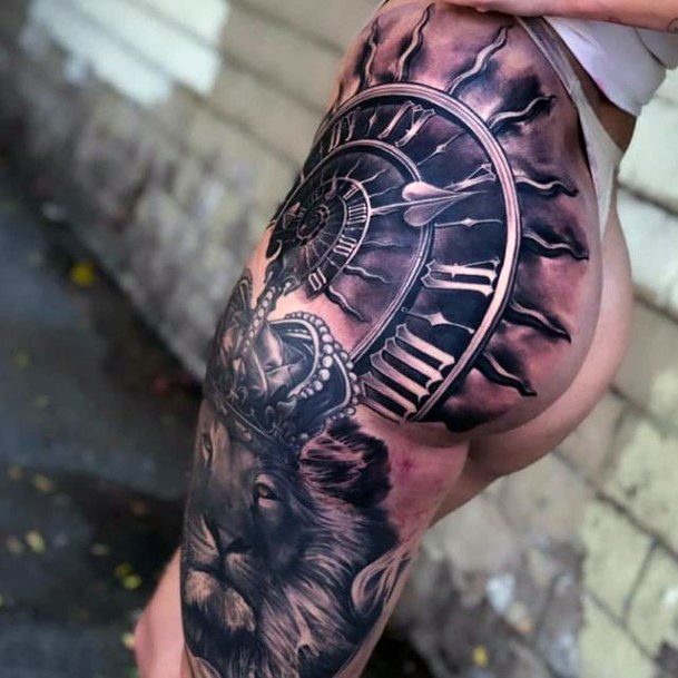 Womens Legs Black Clock Tattoo