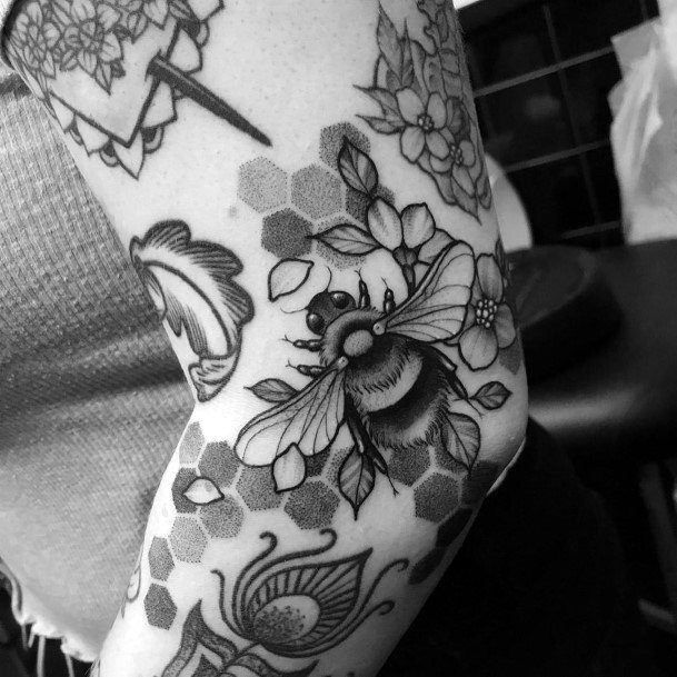 Womens Legs Black Flowers And Bees Tattoo