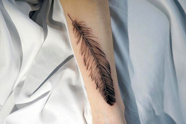 Womens Legs Black Translucent Feather Tattoo