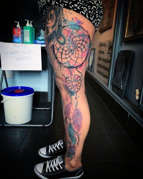 Womens Legs Colored Art Dream Catcher Tattoo