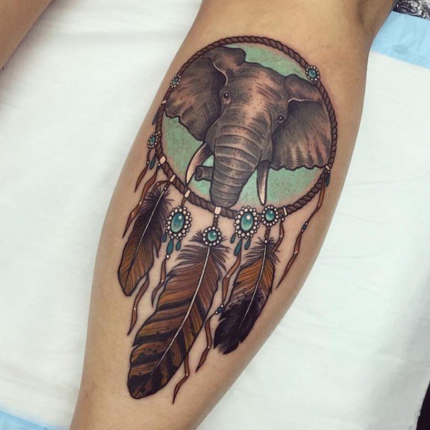 Womens Legs Elephant Dreamcatcher Tattoo