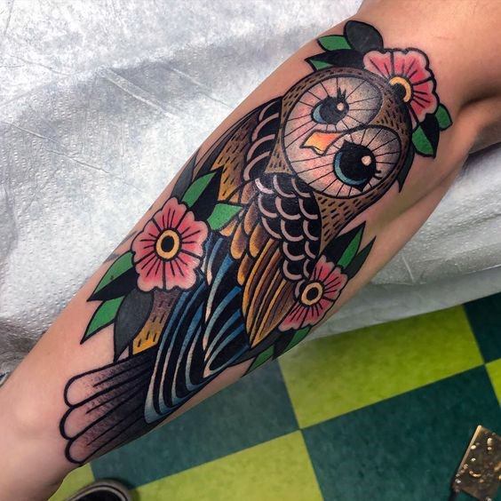 Womens Legs Floral Owl Tattoo
