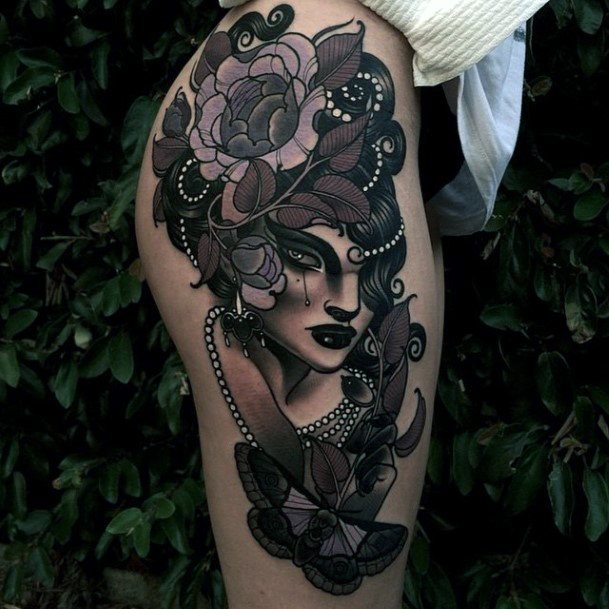 Womens Legs Lady Face Tattoo