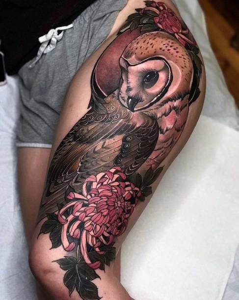 Womens Legs Owl With Flowers Tattoo